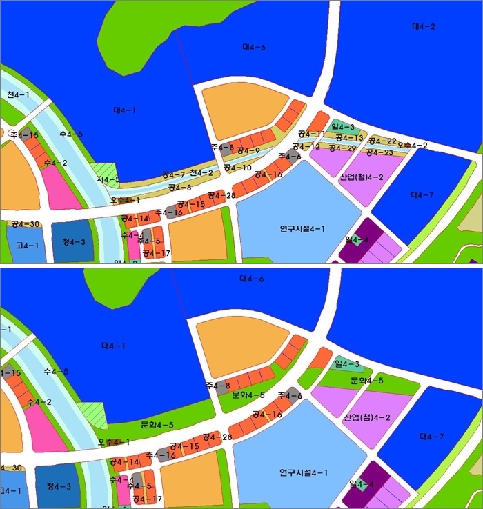 현 토지이용계획(위)과  변경안(아래)