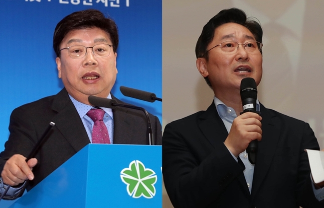 ▲권선택 대전시장(왼쪽)과 박범계 더불어민주당 대전시당위원장.