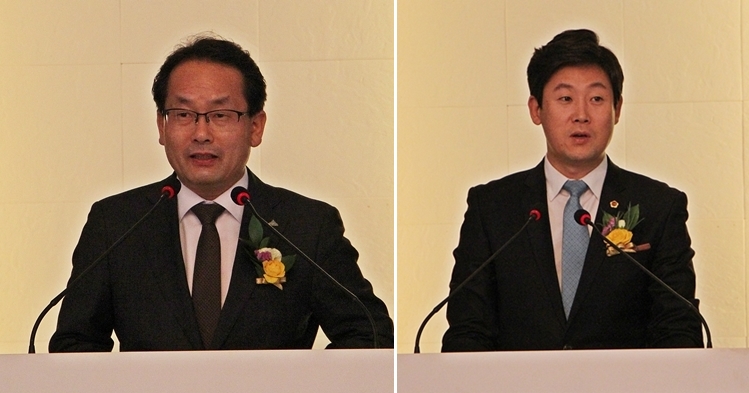 ▲강준현 정무부시장과 고준일 시의회의장이 축사를 하고 있다.(사진 왼쪽부터)