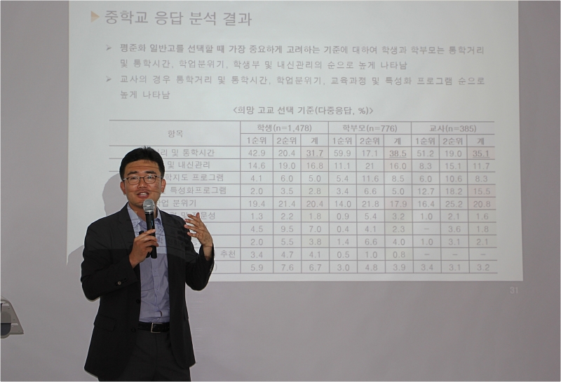 ▲공주대 김훈호 교수가 고교평준화 개선 방안에 대해 발표하고 있다.